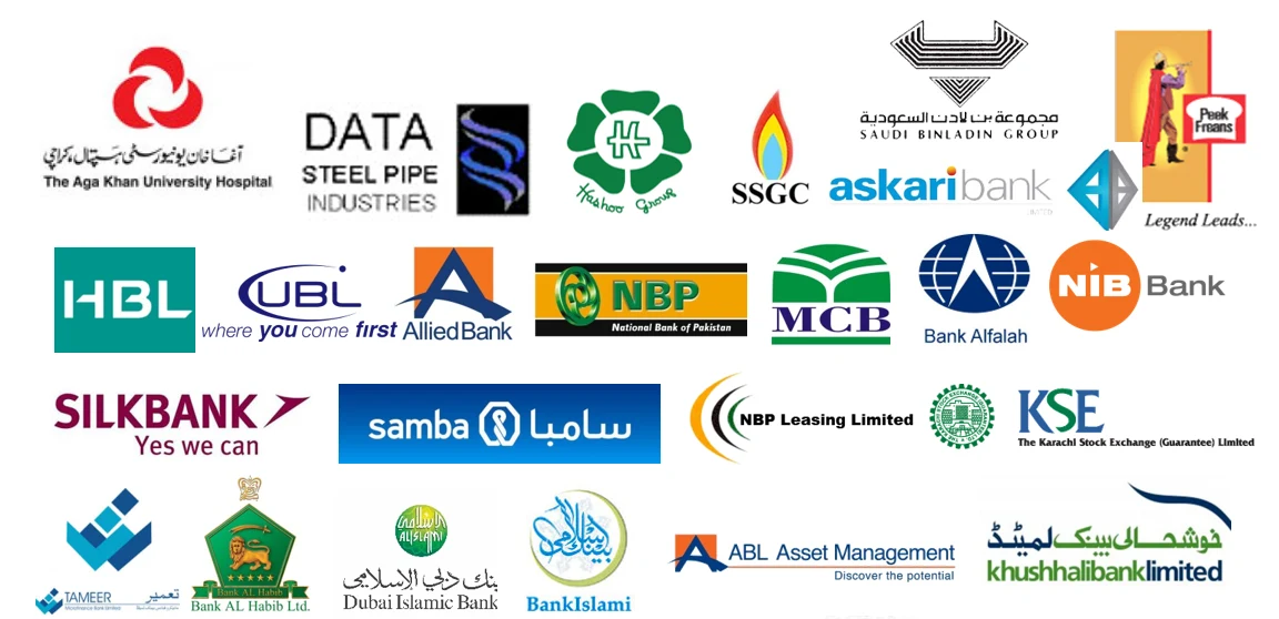 Logos including HBL, UBL, Allied Bank, NBP, MCB, Bank Alfalah, Askari Bank, Silkbank, Samba, Dubai Islamic Bank, BankIslami, Bank AL Habib, Khushhali Bank, KSE, Aga Khan University Hospital, Saudi Binladin Group and others