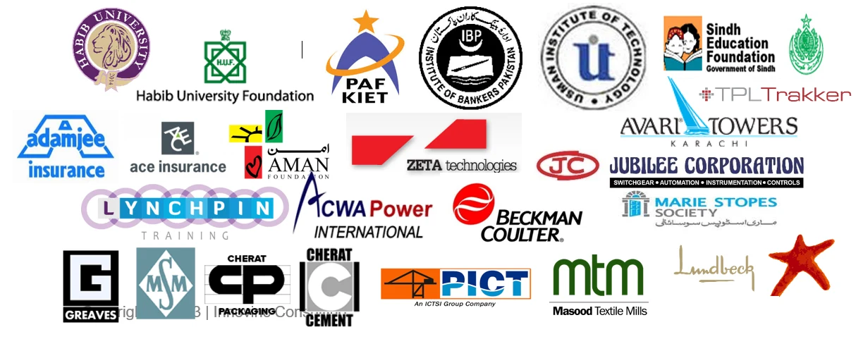Logos including Habib University, PAF-KIET, Institute of Bankers Pakistan, Sindh Education Foundation, Adamjee Insurance, Aman Foundation, ACWA Power, Beckman Coulter, Avari Towers, PICT, Cherat Cement and others